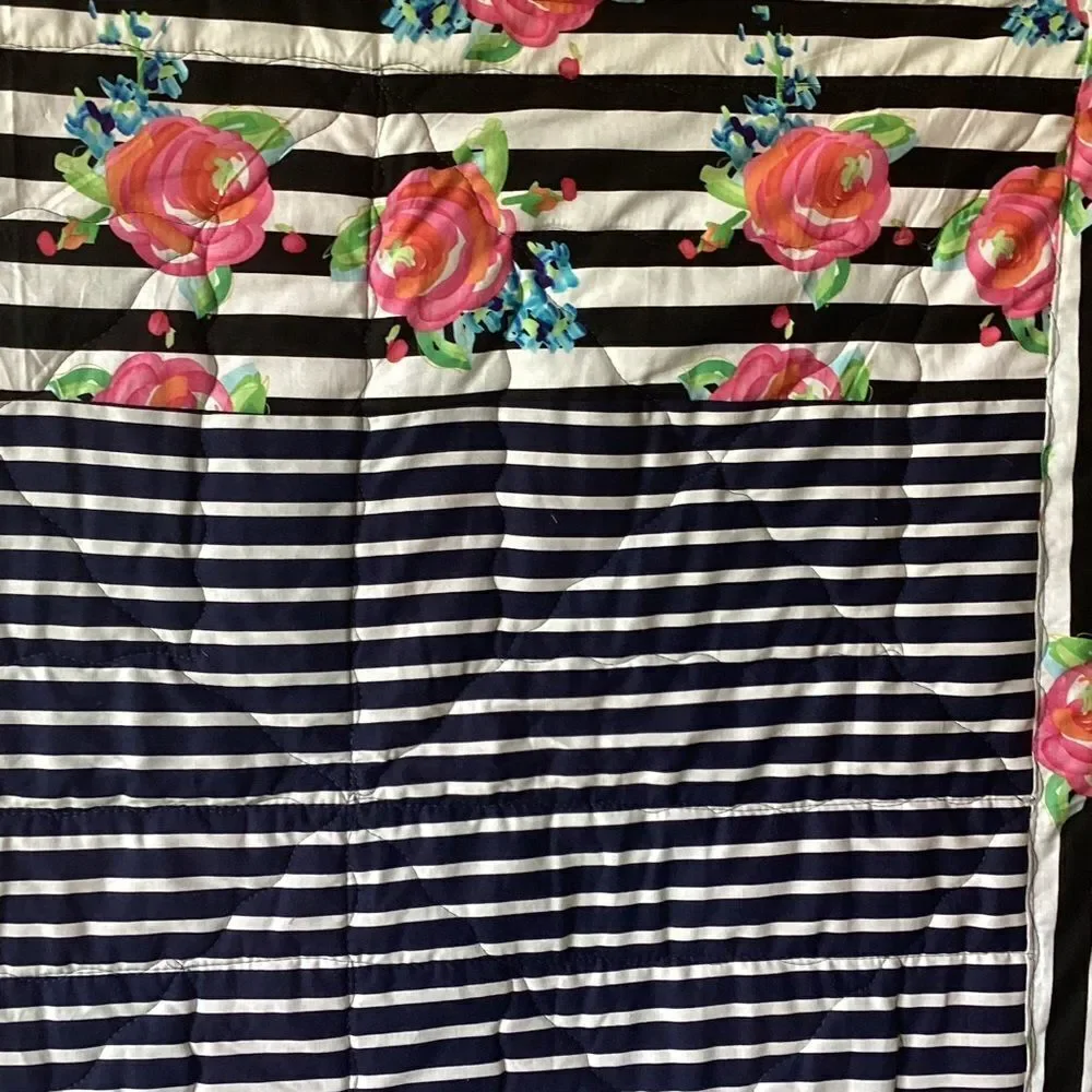 NWT. Hand Crafted Pink and Black Striped With Roses Floral Quilt